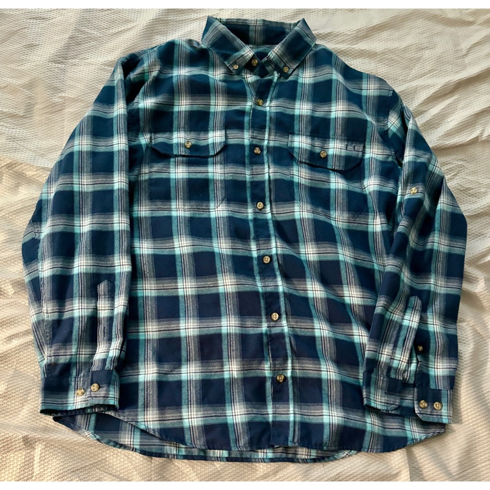 Huk Shirt Mens Large Blue Plaid Flannel Long Sleeve Button Down Fishing Outdoor